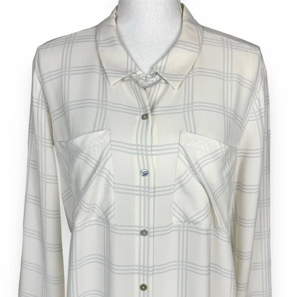Eileen Fisher White Window Pane Button Down Tunic Top Size Large 100% Silk - Picture 2 of 14